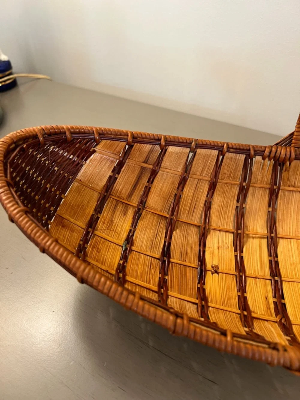Vintage Japanese Ikebana Boat Basket Hand Woven Eye Of God Flowers Bread Fruit